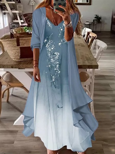 Women's Shift Dress Maxi Dress half Sleeve Floral Print Spring Summer 2PCS V Neck Casual Dress, Casual Dresses, color:Blue|size:XXL, JustFashionNow