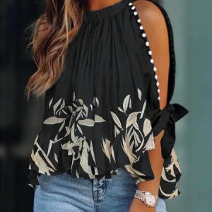 Crew Neck Printed Vacation Three Quarter Top, Blouses and Shirts, color:Black|size:XXL, Stylewe