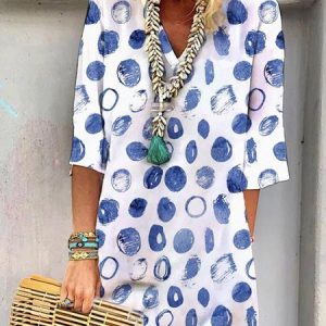 Polka Dots V Neck Dress, Dresses, color:Blue|size:XXL, JustFashionNow