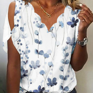 V Neck Floral Casual Loose T-Shirt, T-Shirts, color:White|size:XXL, JustFashionNow