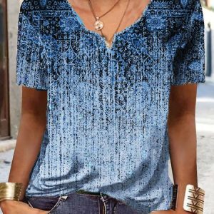 Notched Ethnic Jersey Casual T-Shirt, T-shirts, color:Blue|size:XXL, Noracora