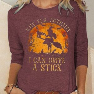 Womens Funny Halloween Witch Shirt, Yes I Can Drive A Stick T-Shirt, color:Wine Red|size:XXL, Lilicloth.com