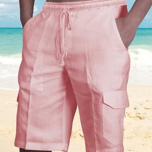 Men's Linen Shorts Multi-Pocket Tie Cargo Pants, Shorts, color:Pink|size:3XL, JustFashionNow