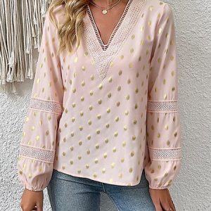 Women's Lace Panel Polka Dot V-Neck Blouse Long Sleeve T-Shirt Daily Casual Clothing, Shirts & Blouses, color:Pink|size:XL, JustFashionNow
