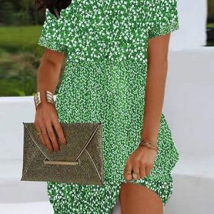 Loose Floral V Neck Casual Dress, Dresses, color:Green|size:XXL, JustFashionNow