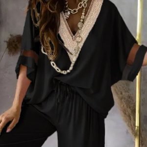 Regular Size Plain Vacation Loose V Neck Shirt, Blouses and Shirts, color:Black|size:XXL, Stylewe