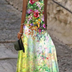 Casual Floral V Neck Regular Fit Dress, Dresses, color:Green|size:3XL, JustFashionNow