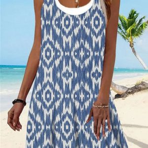 Casual Geometric Crew Neck Regular Fit Dress, Dresses, color:Blue|size:3XL, JustFashionNow