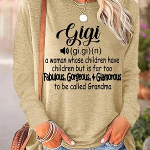 Women's Grandma Funny GiGi Word Crew Neck Cotton-Blend Simple Long Sleeve Top, color:Khaki|size:3XL, Lilicloth.com