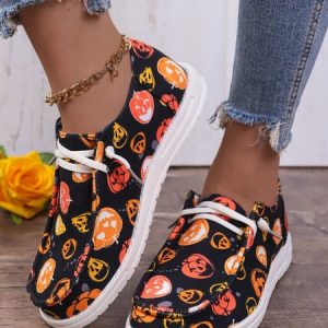 Halloween Pumpkin Graphics Canvas Flats, Flats, color:As Picture|size:43, JustFashionNow