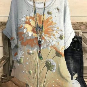 Casual Floral Regular Fit Crew Neck T-Shirt, T-Shirts, color:Beige|size:3XL, JustFashionNow