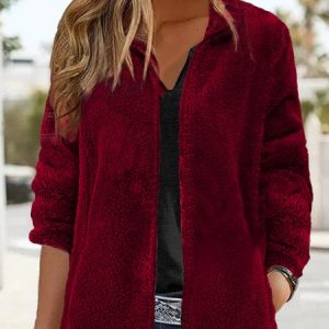 Stand Collar Long Sleeve Plain Regular Micro-Elasticity Regular Fit Teddy Jacket For Women, Coats, color:Red|size:3XL, Noracora