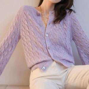 Women Yarn/Wool Yarn Plain Long Sleeve Comfy Casual Hollow Out Cardigan, Cardigans, color:Purple|size:One-size, Noracora