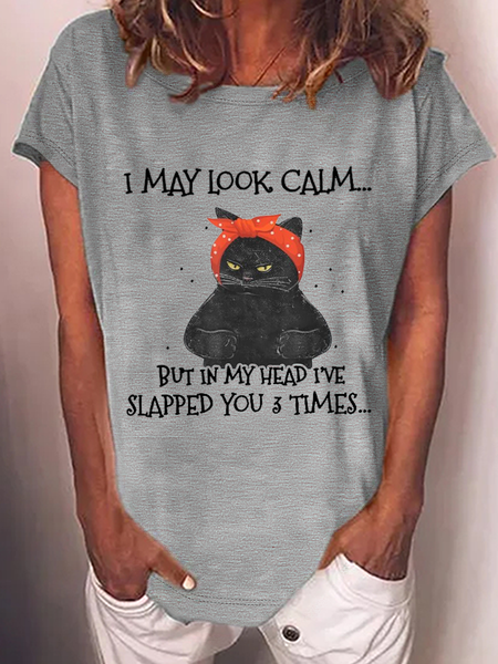 Women's Funny Cat I May Look Calm But In My Head I've Slapped You 3 Times Loose T-Shirt, color:Gray|size:3XL, Lilicloth.com