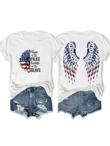 Women's Cotton America Flag 4th Of July Patriotic Crew Neck Casual T-Shirt, color:White|size:3XL, Lilicloth.com