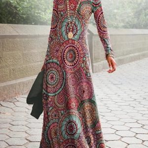 Ethnic Printed Long Sleeve Crew Neck Casual Dress, Maxi, color:Red|size:XXL, Noracora