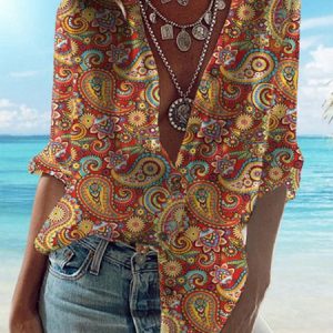 Women's Holiday Weekend Floral Print Paisley Buttoned Blouse Half Sleeve Casual Shirt Collar Vintage Streetwear Daily Vacation, Shirts, color:Red|size:3XL, Noracora