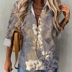 Floral Shirt Collar Tunic Blouse, Shirts, color:Multicolor|size:XXL, Noracora