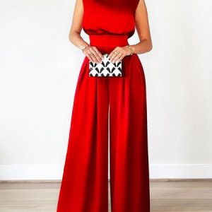 Regular Fit Elegant Solid Sleeveless Jumpsuit, Jumpsuits, color:Red|size:XXL, Stylewe