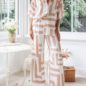 Women's Fashion Stripe Geometric Pattern Loose Comfort Shirt Two-Piece Set, Suit Set, color:White|size:XL, JustFashionNow