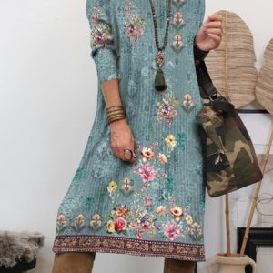 Floral Crew Neck Regular Fit Casual Dress, Dresses, color:Multicolor|size:XXL, JustFashionNow