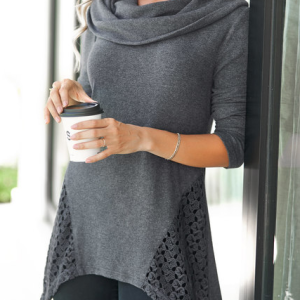 Plain Crew Neck Lace Casual Loose Sweater, Tops, color:Gray|size:XXL, JustFashionNow