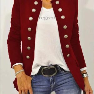 Long Sleeve Shift Buttoned Solid Jacket, Blazers, color:Red|size:XXL, Noracora