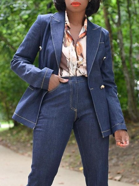 Lapel Collar Plain Regular Fit Urban Faux Denim Coat, Jackets, color:Blue|size:XXL, Stylewe
