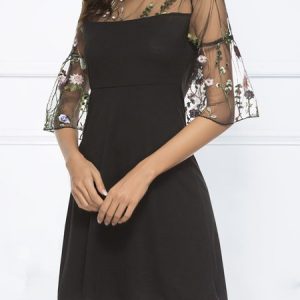 Women Plain Crew Neck Half Sleeve Comfy Party Lace Short Dress, Dresses, color:Black|size:5XL, Noracora