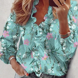 Floral Loose Casual V Neck Top, Shirts & Blouses, color:Green|size:XXL, JustFashionNow
