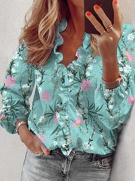 Floral Loose Casual V Neck Top, Shirts & Blouses, color:Green|size:XXL, JustFashionNow