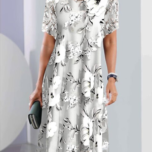 Loose Floral Crew Neck Casual Dress, Midi, color:Gray|size:XXL, Noracora