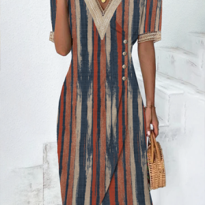Casual V Neck Loose Jersey Dress, Dresses, color:Brown|size:XXL, JustFashionNow