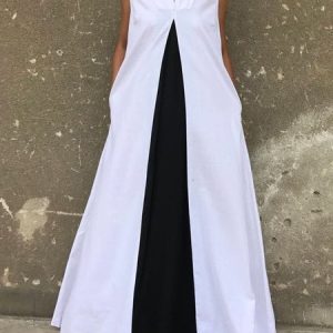 Color Block Casual Loose Notched Maxi Dress With No Belt, Maxi Dresses, color:Black-white|size:XXL, Stylewe