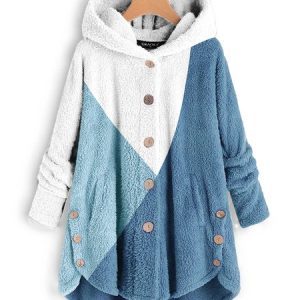Plain color block hood nail button fur warm coat, Coats, color:Blue|size:XXL, JustFashionNow