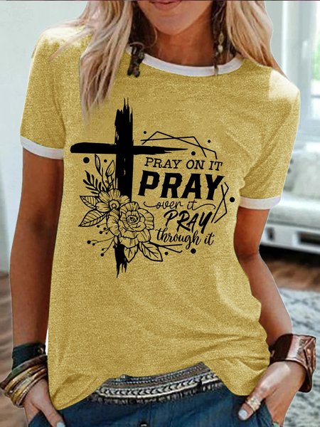 Women's Pray On It Pray Over It Pray Thing It Funny Graphic Printing Regular Fit Text Letters Cotton-Blend Casual T-Shirt, color:Yellow|size:3XL, Lilicloth.com