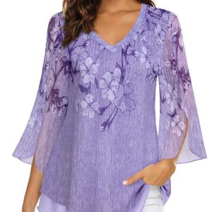 Floral Elegant Loose V Neck Blouse, Shirts & Blouses, color:lavender|size:XXL, JustFashionNow