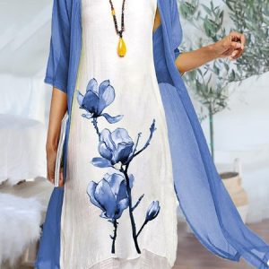 JFN Round Neck Two Piece Floral Linen Casual Midi Dresses, Casual Dresses, color:Blue|size:XXL, JustFashionNow