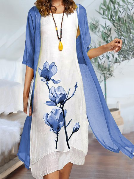 Charming Two Pieces Crew Neck Floral Half Sleeve Mother of the Bride Groom Wedding Guest Formal Dress With Linen Cardigan, Midi Dresses, Roselinlin - Online Catalog
