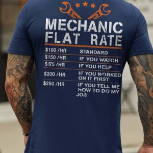 Mechanic Flat Rate Back Print Crew Neck Casual Shirt & Top, color:Deep Blue|size:3XL, Lilicloth.com