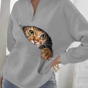 V Neck Loose Cat Sweatshirt, Sweatshirts & Hoodies, color:Gray|size:XXL, JustFashionNow
