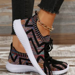 Striped Color Contrast Shock-absorbing High-elastic Flying Woven Sneakers, Sneakers, color:Black|size:43, JustFashionNow