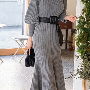 Regular Fit Long sleeve Plain Elegant Regular Fit Long Dress, Maxi Dresses, color:Gray|size:XXL, Stylewe