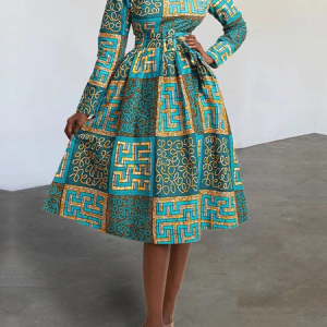 Regular Fit Long Sleeve Elegant Ethnic Geometry Midi Dress With Belt, Midi Dresses, color:Green|size:XXL, Stylewe
