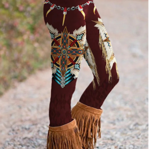 Casual Ethnic Tight Legging, Leggings, color:Wine Red|size:XXL, JustFashionNow