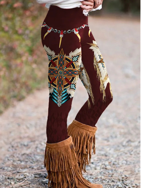 Casual Ethnic Tight Legging, Leggings, color:Wine Red|size:XXL, JustFashionNow