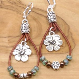 Ethnic Vintage Floral Pattern Leather Earrings Western Boho Dress Jewelry, Earrings, color:Silver|size:One-size, JustFashionNow