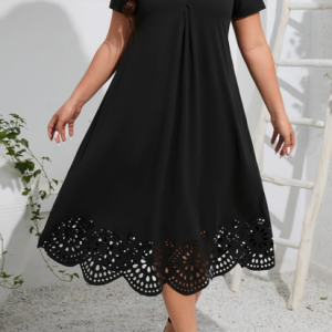 Plain Regular Sleeve Devore Casual V Neck Dress With No, Dresses, color:Black|size:4X, JustFashionNow