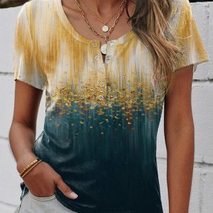 Casual Color Block Notched Short Sleeve T-shirt, T-shirts, color:Green|size:5XL, Noracora