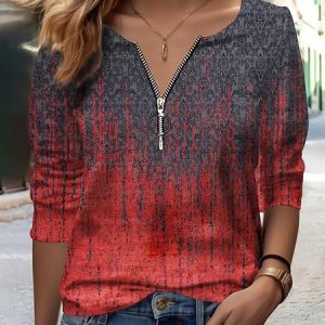 V Neck Long Sleeve Gradient Pattern Regular Micro-Elasticity Loose Shirt For Women, Blouses, color:Red|size:XXL, Noracora